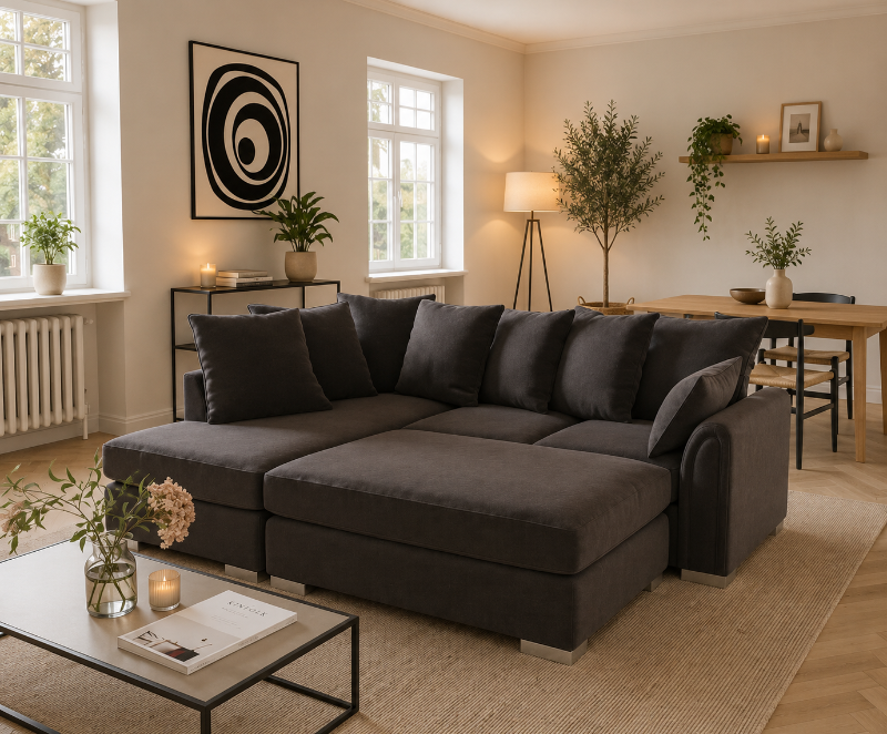 Corner L shape 4 Seater Chiswick Dublin Sofa with footstool in Black