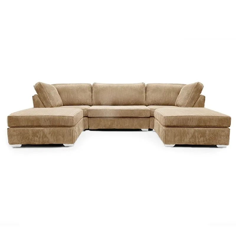 Modern U Shape Sofa – Jumbo Cord Corner Full Back Couch Foot Stool Large Suite Beige
