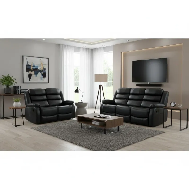 Roma Recliner Sofa Set 3+2 Seater Black Faux Leather Lounge Suite Couch