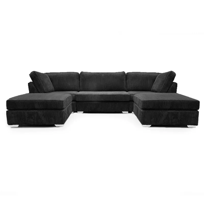 Modern U Shape Sofa – Jumbo Cord Corner Full Back Couch Foot Stool Large Suite Black