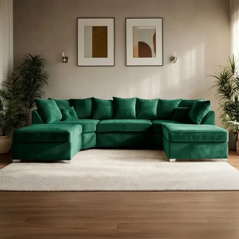 Bishop U shape Corner Sofa 7 Seater Modular Green Couch Scatter Cushions Plush Velvet