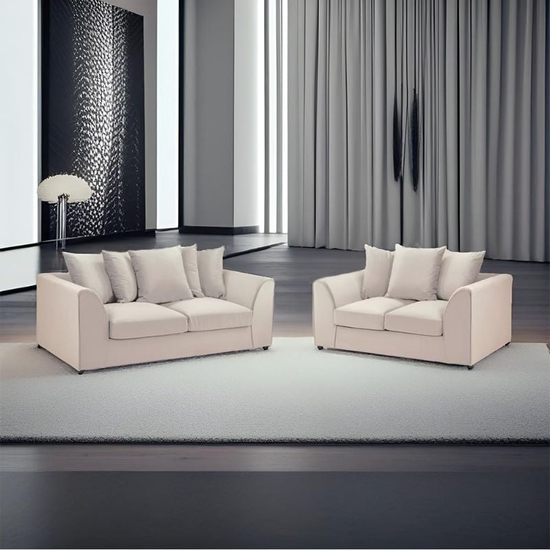 Plush Velvet 3 + 2 Seater Sofa Suite Set Cream  Scatter Cushions Modern Design