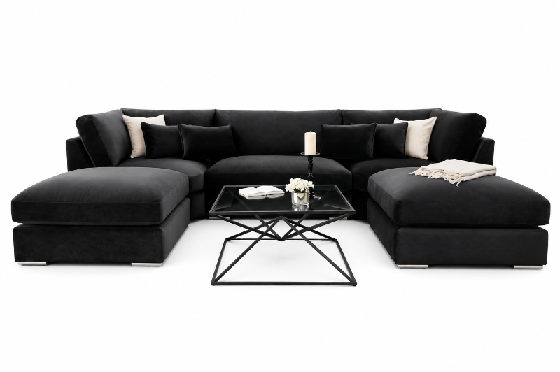 Bishop U Shape Modular Sofa – 6 & 7 Seater Plush Velvet Corner Couch Black Luxury Modern Living Room Sofa