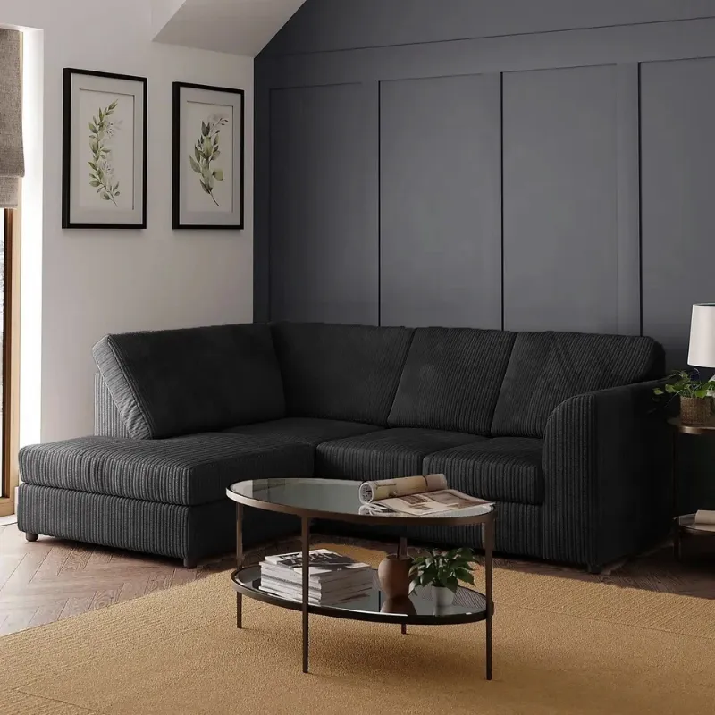 Corner 4 Seater Left Right Modern Jumbo Cord Full Back L shape Sofa Black