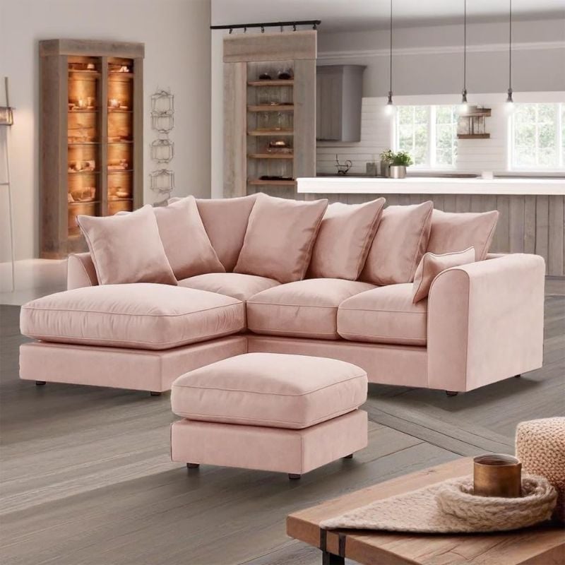 Plush Velvet Pink Corner Sofa Left Right Hand Suite Set