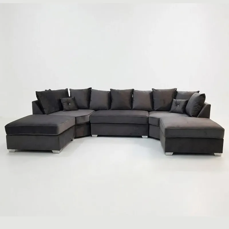 Bishop U-shape Corner 6,7 Seater Sofa Grey Plush Velvet Couch Moveable Footstool