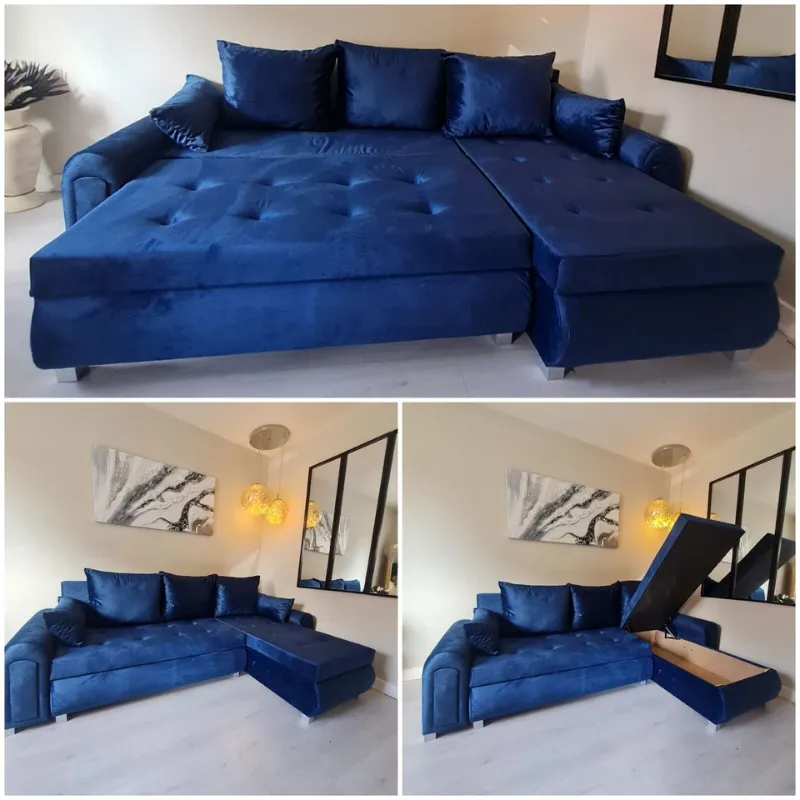 Berlin Corner Sofa & Sofa Bed – Plush Velvet Convertible Couch in Multiple Blue