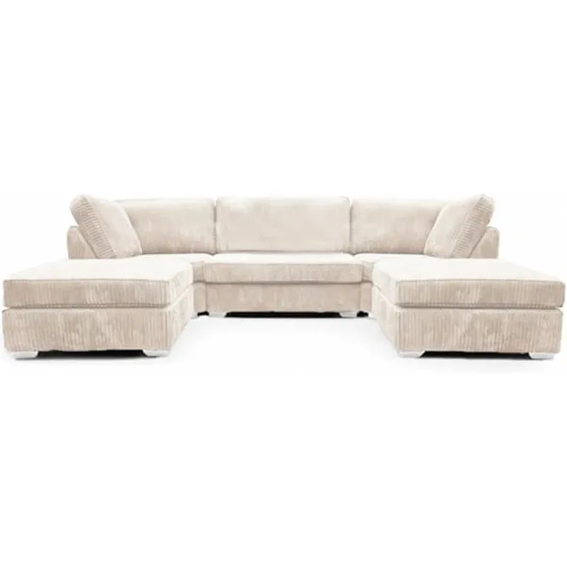 Modern U Shape Sofa – Jumbo Cord Corner Full Back Couch Foot Stool Large Suite Cream