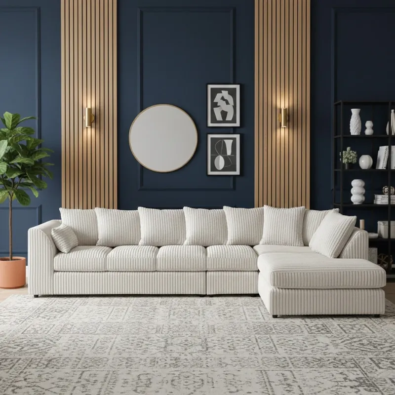 Jumbo Cord Sectional L shape 6 Seater Sofa Set Soft Fabric Cream Sofa