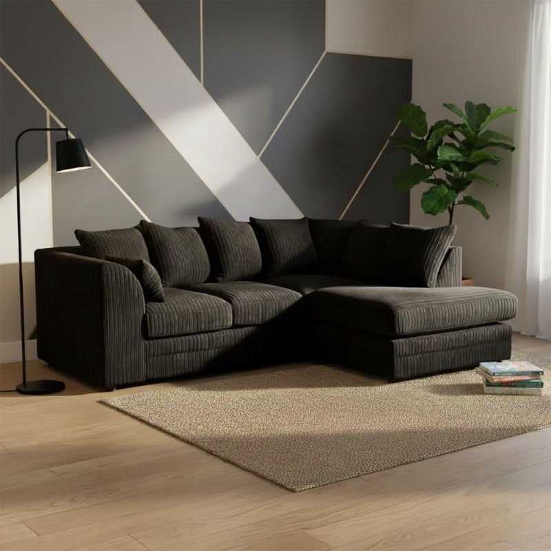 Jumbo Cord Corner L-Shape Sofa 4 Seater Soft Fabric Left/Right Hand Couch Black