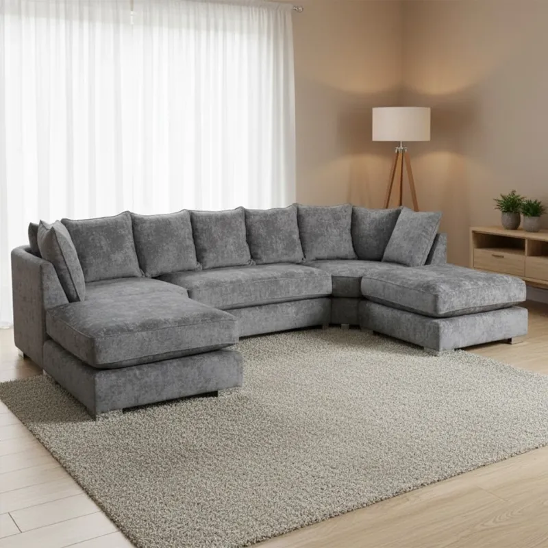 Luxury Bishop U-Shape Sofa Alaska Chenille Fabric Modular 6,7 Seater Couch Dark grey