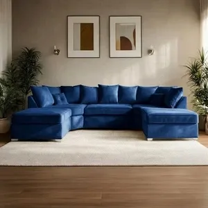 Modern U Shaped Sofa Large Blue Plush Velvet 7 Seater Corner Couch