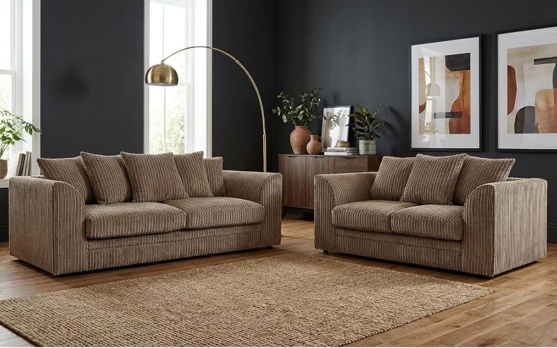 Jumbo Cord 3+2 Seater Sofa Beige Suite Set Soft Fabric Living Room