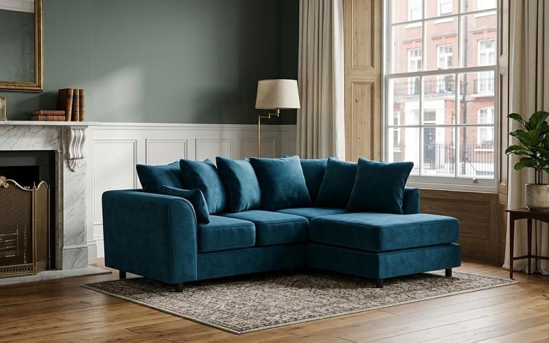 Plush Velvet Blue Corner Sofa Left Right Hand Suite Set