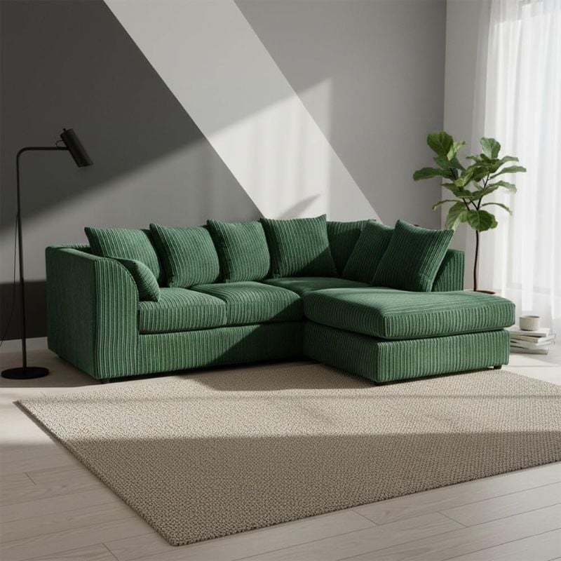 Jumbo Cord Corner L-Shape Sofa 4 Seater Soft Fabric Left/Right Hand Couch Green