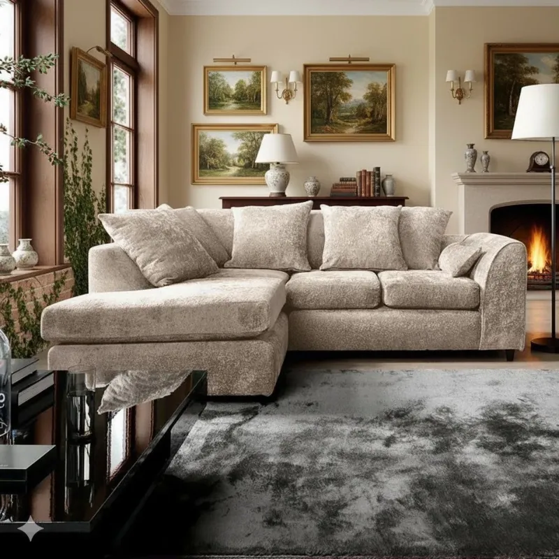 Corner L shape 4 Seater Sofa Beige Chenille Alaska Couch