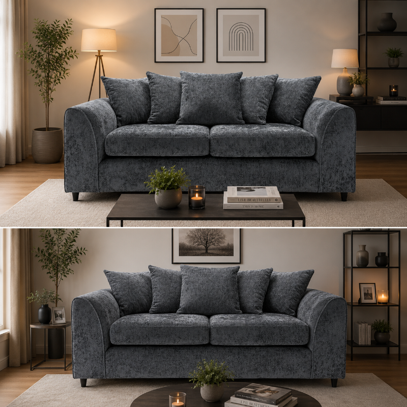 Chenille 3+2 Seater Sofa Set Dark Grey Scatter Back Cushions | Modern Fabric Sofa Suite