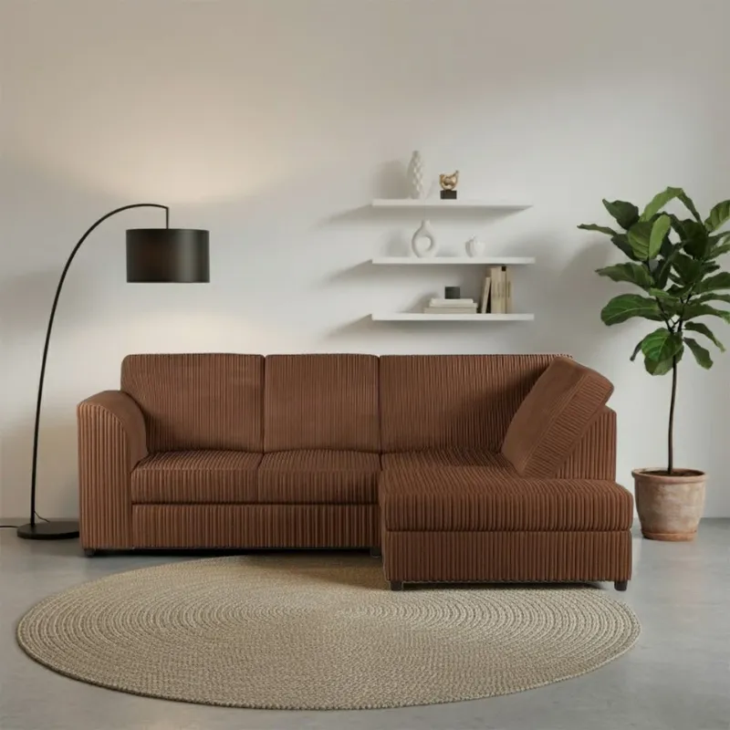 Corner 4 Seater Left Right Modern Jumbo Cord Full Back L shape Sofa Brown