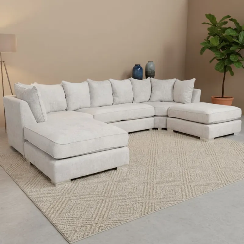 Luxury Bishop U-Shape Sofa Alaska Chenille Fabric Modular 6,7 Seater Couch Cream