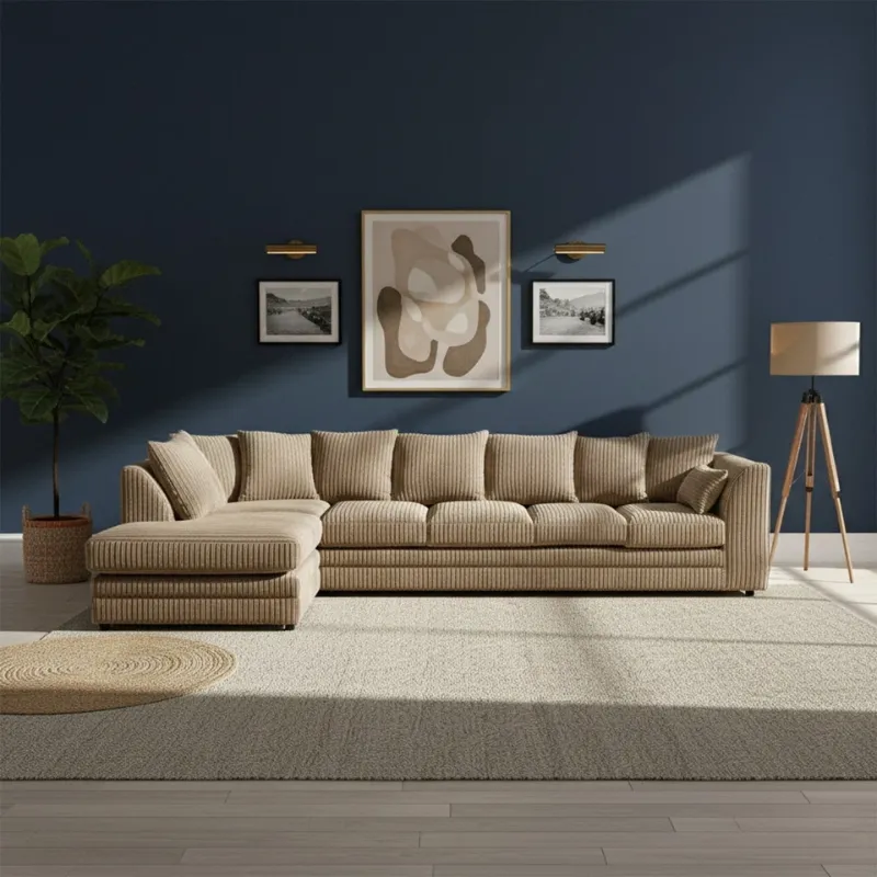 Jumbo Cord Sectional L shape 6 Seater Sofa Set Soft Fabric Beige Sofa