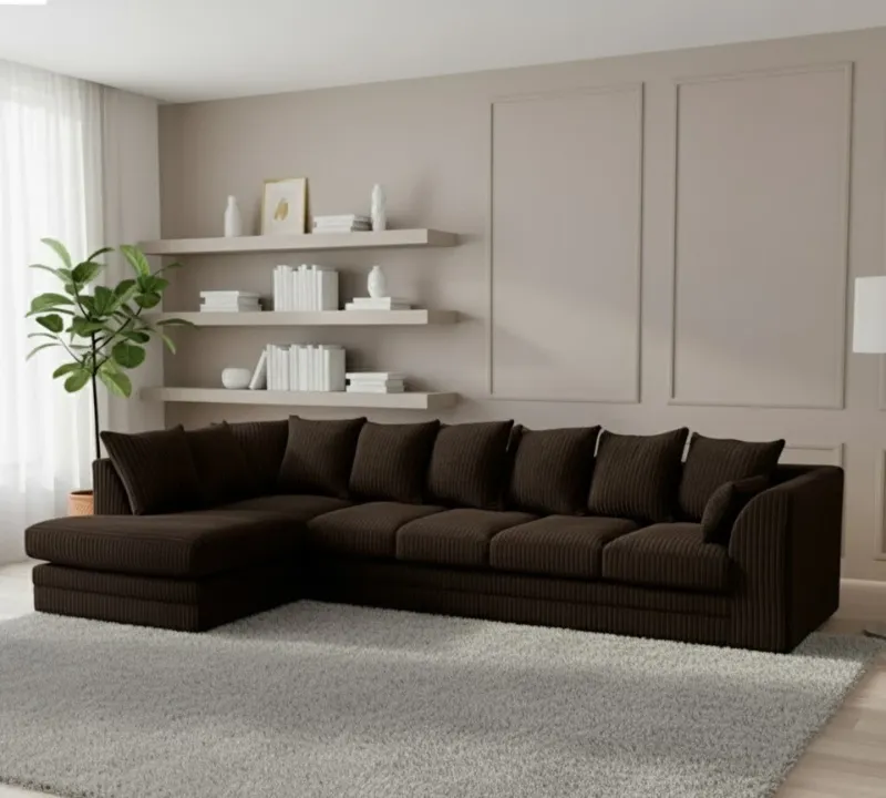 Jumbo Cord Sectional L shape 6 Seater Sofa Set Soft Fabric Brown  Sofa