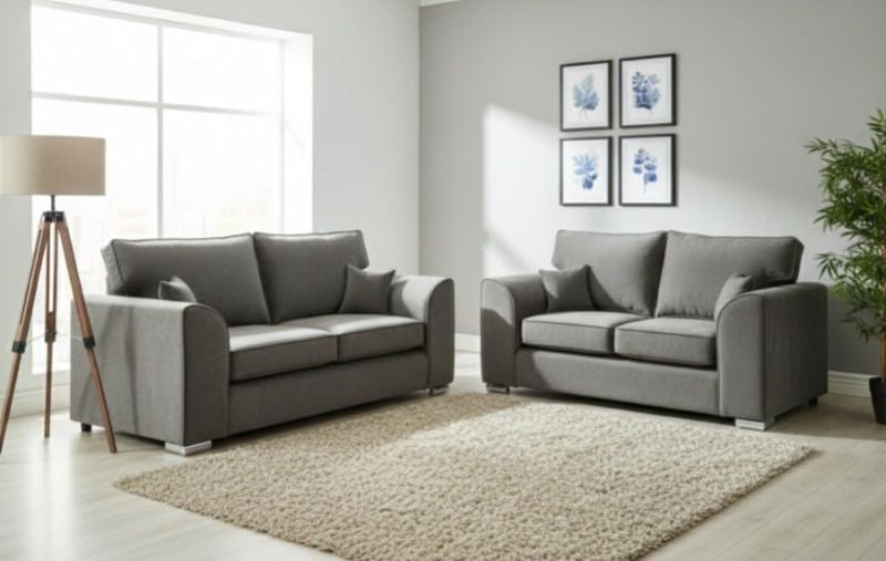Plush Velvet 3+2 Settee Sofa Sets - Dylann 2 Seater & 3 Seater - Grey , High Back - Modern Seaters Suite