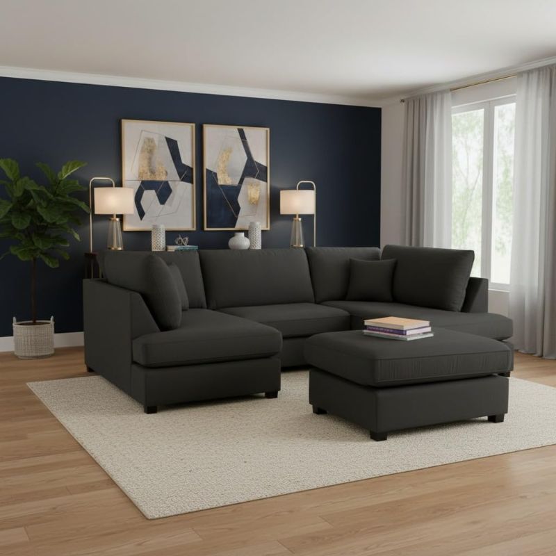 Mini U-Shape Cinema Black High-Back Modular 5–6 Seater Sofa