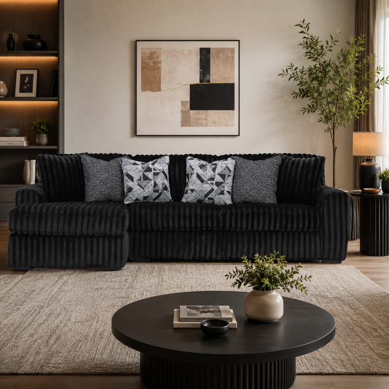 Midnight Madness Stupendous L-Shape Open Chaise Sofa  Black Modern Corner Lounge Couch