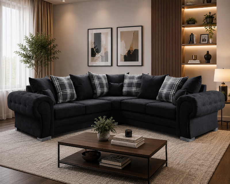 Chesterfield Verona Grey Corner Sofa Suite Scatter Cushions Black Sofa
