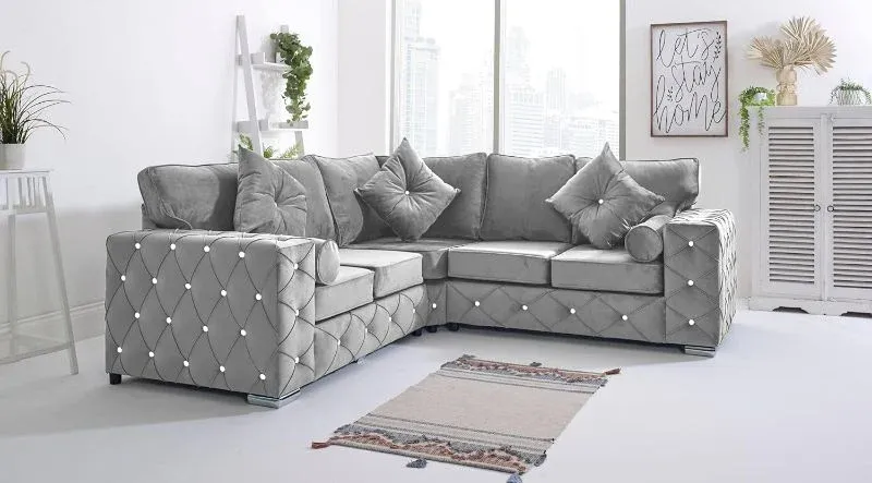 Milton Corner Chesterfield 5 Seater Sofa  2C2 Sectional Couch with High Back Design Light Grey