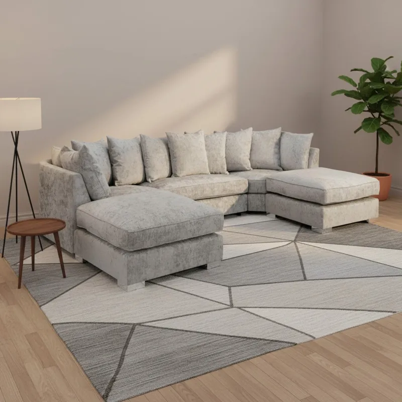 Luxury Bishop U-Shape Sofa Alaska Chenille Fabric Modular 6,7 Seater Couch Light Grey