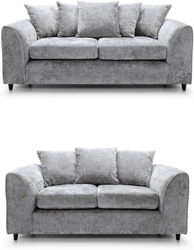 Chenille 3+2 Seater Sofa Set Light Grey Scatter Back Cushions | Modern Fabric Sofa Suite
