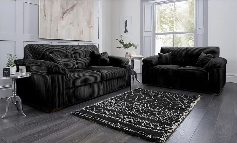 Jumbo Cord 3 2 Sofa Full back Amalfi 3 Seater 2 Seater Arm Chair foot Stool Black