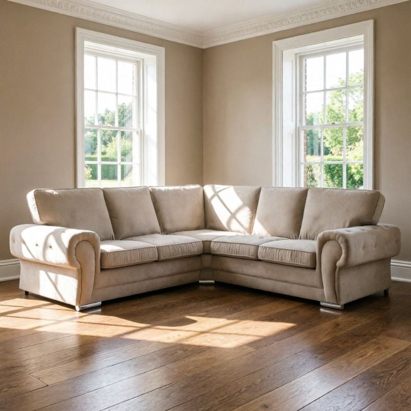 Luxury Verona 2C2 Corner Sofa Suite High Back Chesterfield Beige Couch