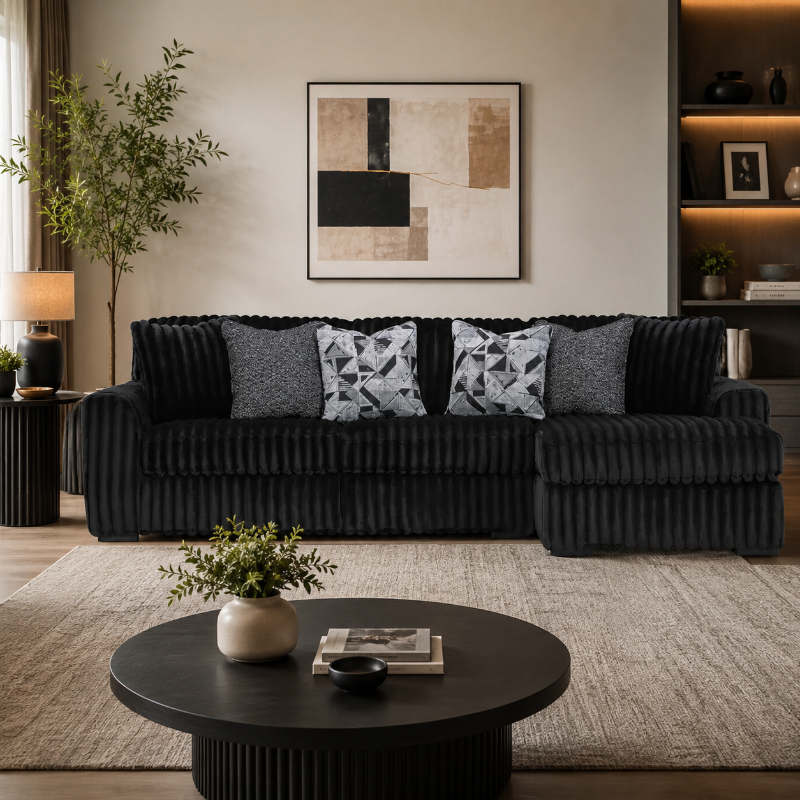 Midnight Madness Stupendous L-Shape Open Chaise Sofa  Black Modern Corner Lounge Couch