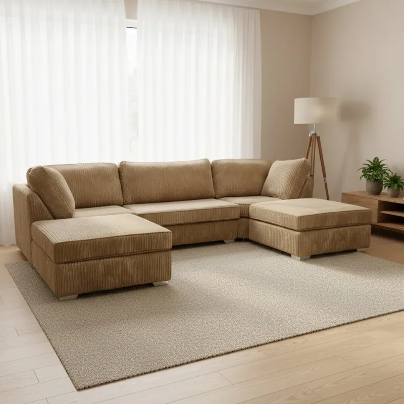 Modern U Shape Sofa – Jumbo Cord Corner Full Back Couch Foot Stool Large Suite Beige