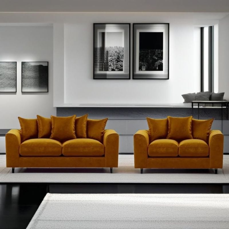 Plush Velvet 3 + 2 Seater Sofa Suite Set Mustard Scatter Cushions Modern Design