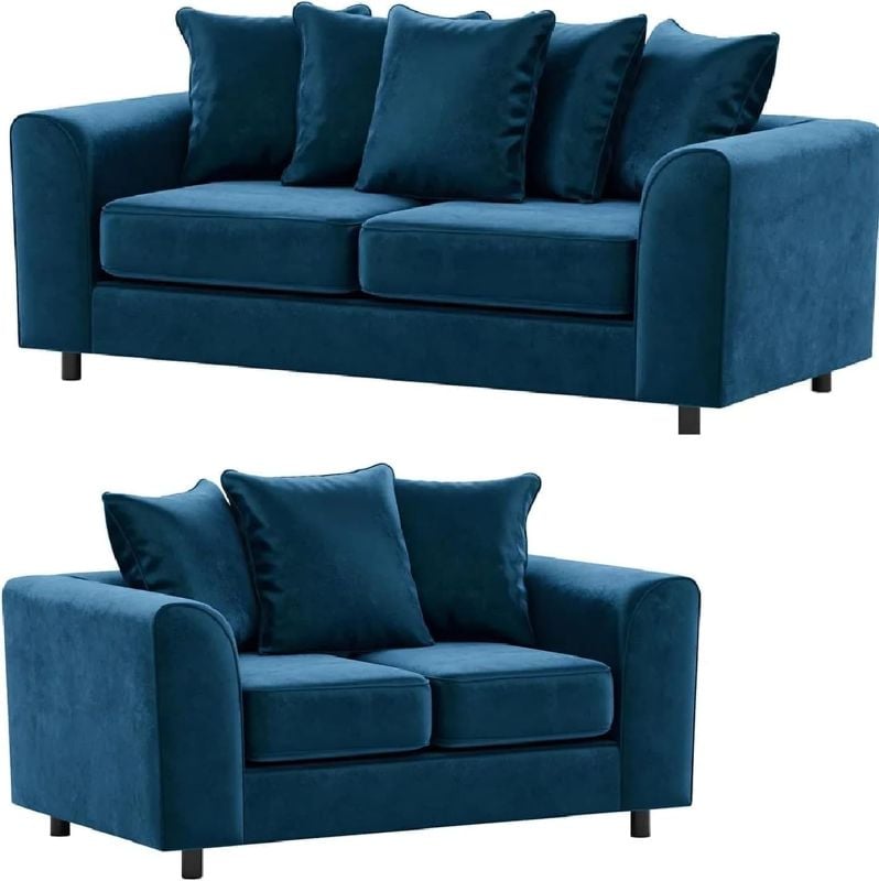 Plush Velvet 3 + 2 Seater Sofa Suite Set Blue Scatter Cushions Modern Design
