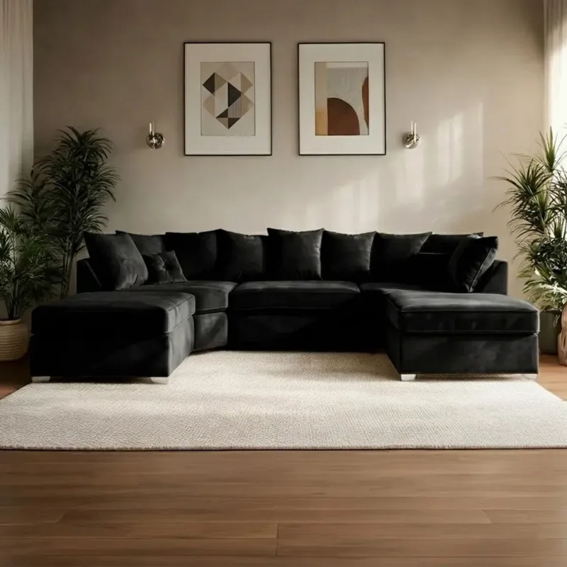 Bishop U-shape Scatter Cushions Corner Sofa 7 Seater Couch Black Moveable Footstool