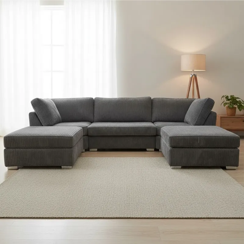 Modern U Shape Sofa – Jumbo Cord Corner Full Back Couch Foot Stool Large Suite Grey