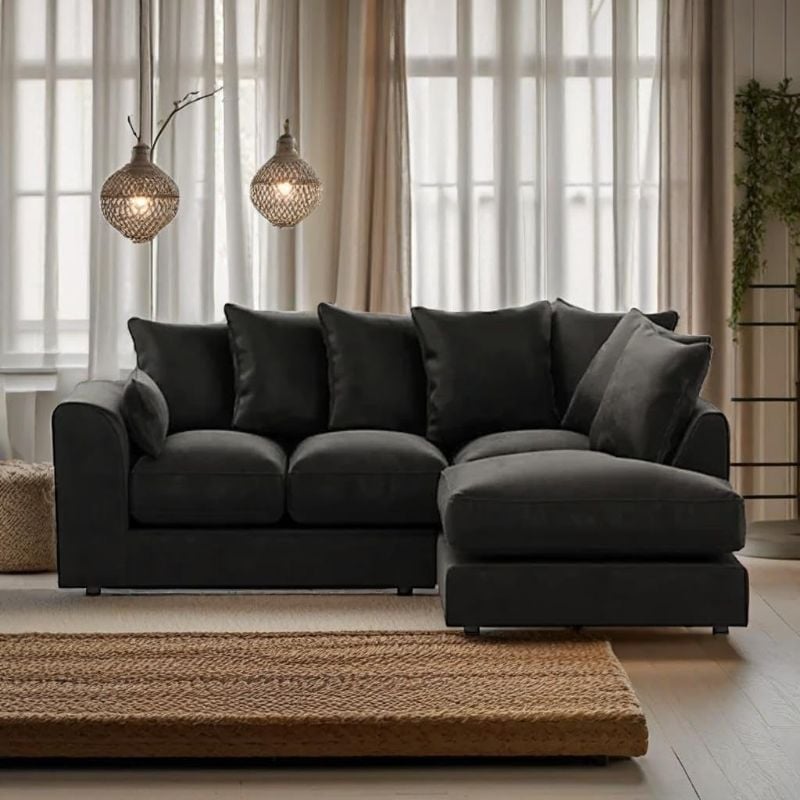 Plush Velvet Black Corner Sofa Left Right Hand Suite Set