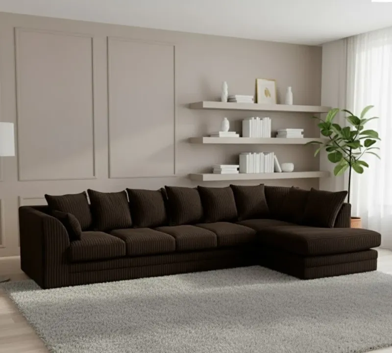 Jumbo Cord Sectional L shape 6 Seater Sofa Set Soft Fabric Brown  Sofa