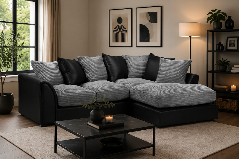 Byron Fabric Corner Sofa L shape 4 Seater Sofa Black&Grey