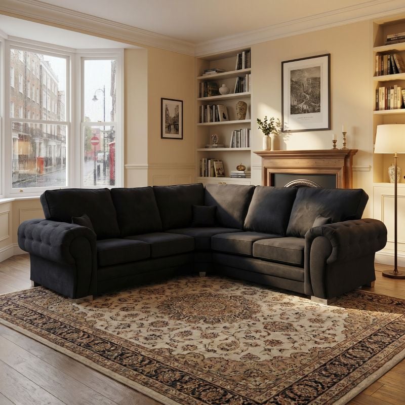 Luxury Verona 2C2 Corner Sofa Suite High Back Chesterfield Black Couch