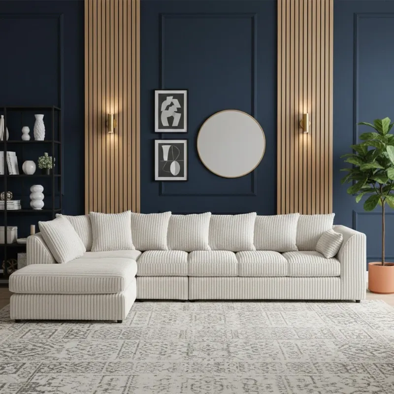 Jumbo Cord Sectional L shape 6 Seater Sofa Set Soft Fabric Cream Sofa