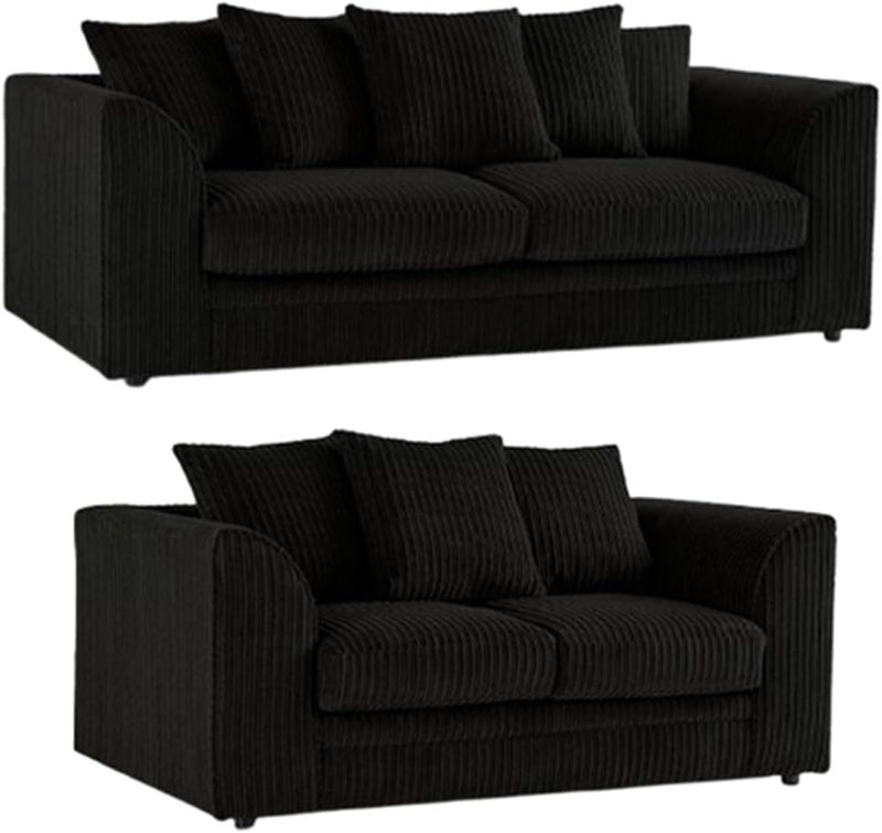 Jumbo Cord 3+2 Seater Sofa Black Suite Set Soft Fabric Living Room