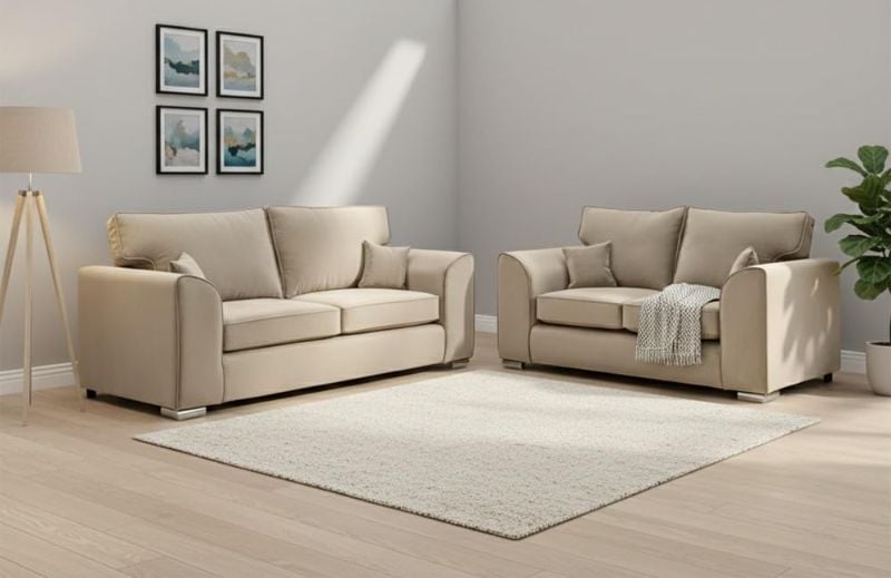 Plush Velvet 3+2 Settee Sofa Sets - Dylann 2 Seater & 3 Seater - Beige, High Back - Modern Seaters Suite