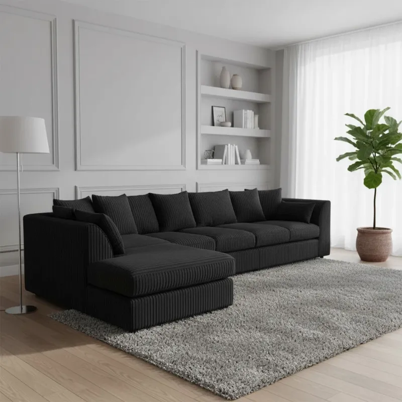 Jumbo Cord Sectional L shape 6 Seater Sofa Set Soft Fabric Black Sofa