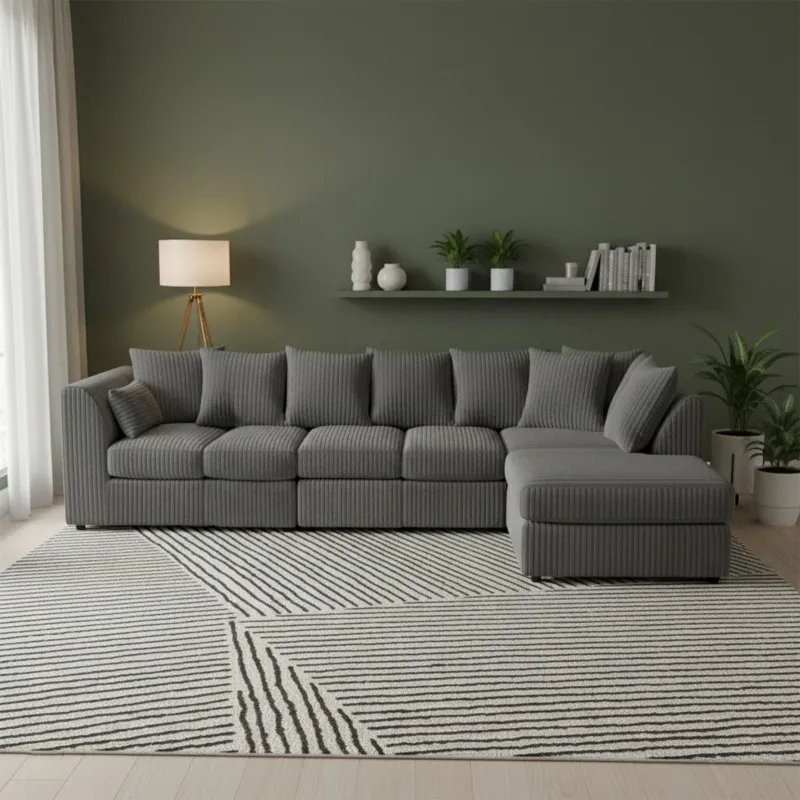 Jumbo Cord Sectional L shape 6 Seater Sofa Set Soft Fabric Grey Sofa
