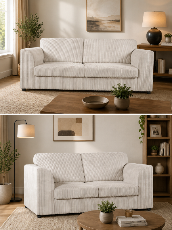 3/2 Seated Sofa Set Jumbo Cord Cream 3 2 Seater Couch & Footstool